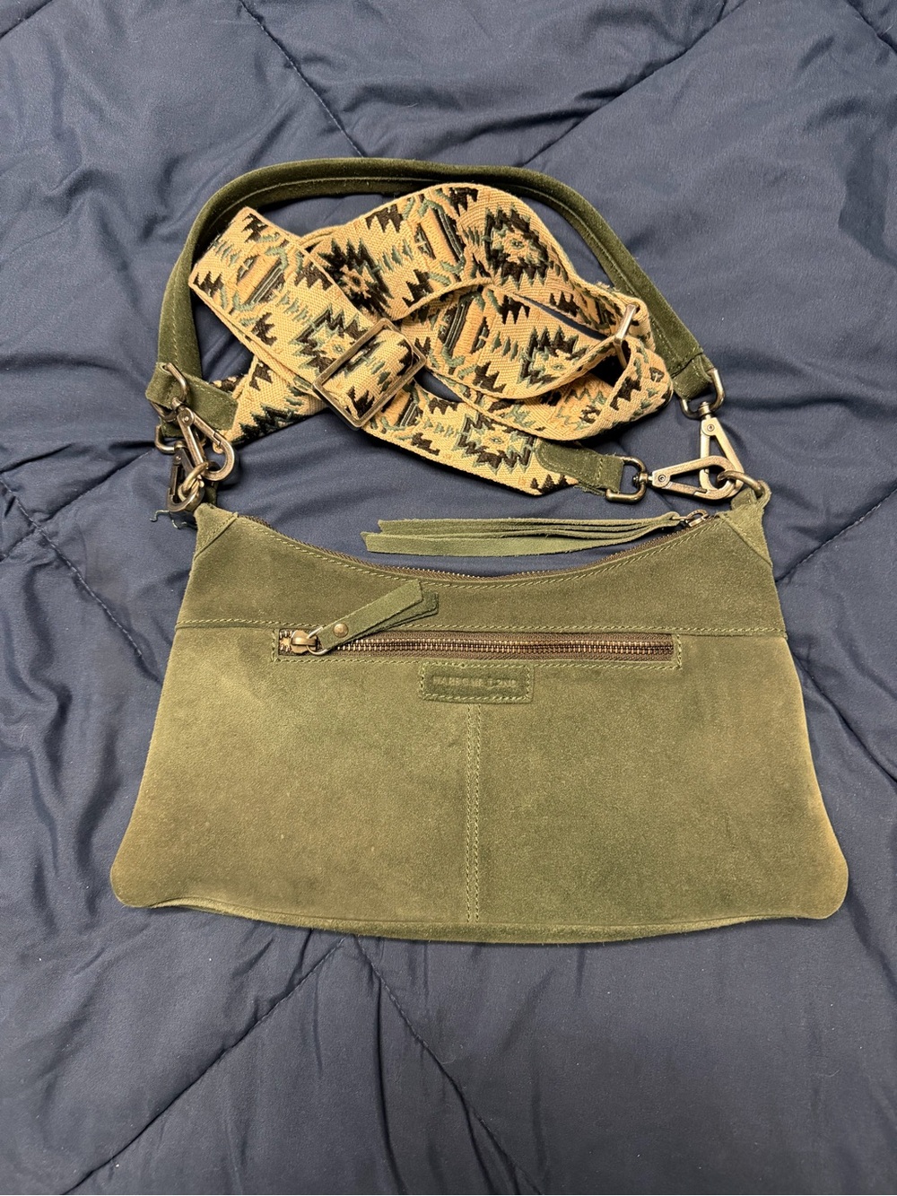 Suede Crossbody Bag In Hunter Green With A Southwestern Style Guitar Strap